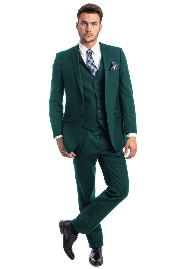 Cheap Suit - Men's Two Button Slim Fit Basic Vested Wedding Teal Green Suit