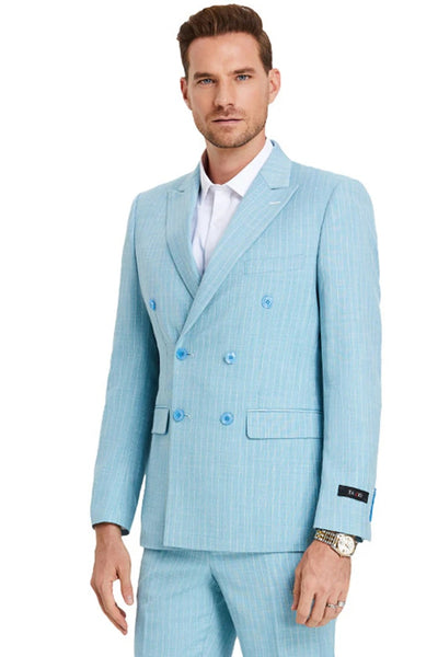 Cheap priced Suit  - Men's Slim Fit Double Breasted Summer Pastel Suit Teal Blue Pinstripe