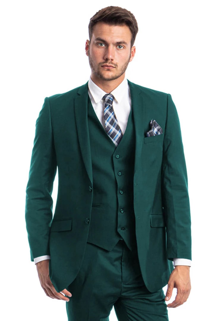 Cheap Suit - Men's Two Button Slim Fit Basic Vested Wedding Teal Green Suit