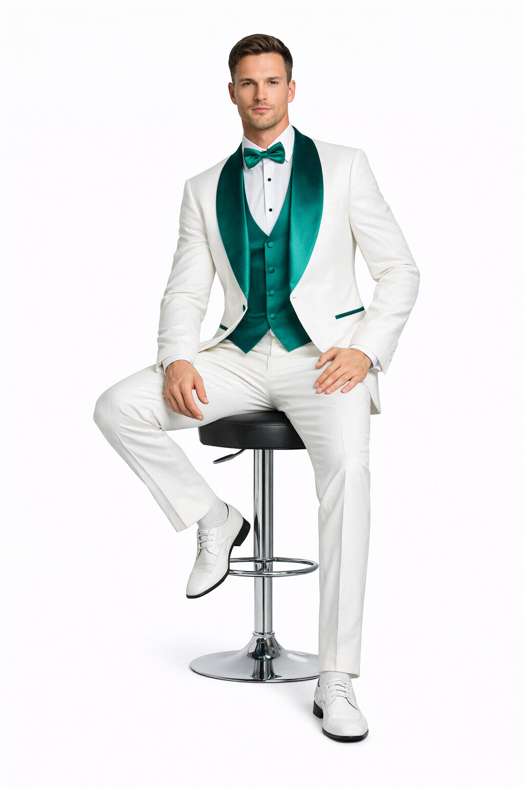 White and Teal Blue Lapel Tuxedo With Vest and Pants - Wedding Groom Suit