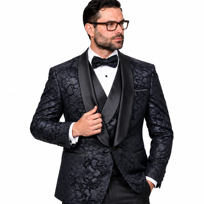 3-Piece Black Lace Tuxedo with Satin Shawl Lapel & Satin Trim