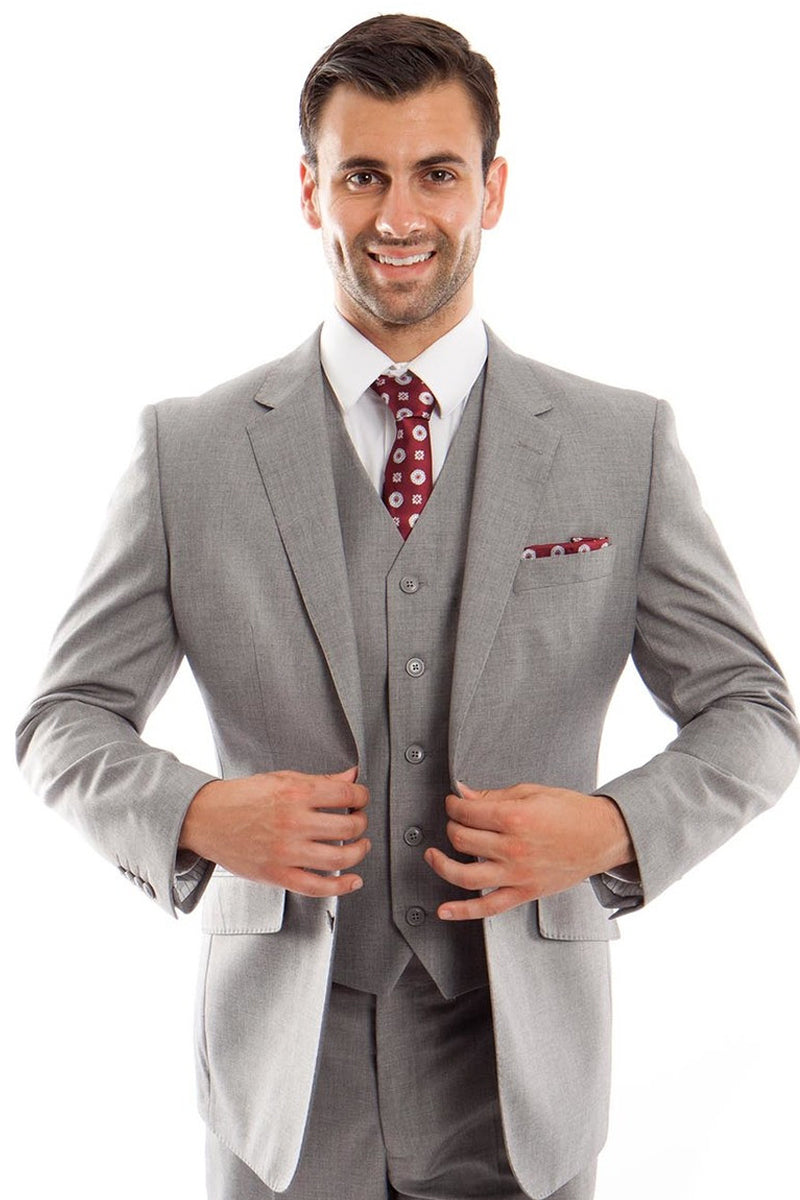 "Grey Wool Suit Men's - Modern Fit, Designer Two Button Vested" - 34 Short