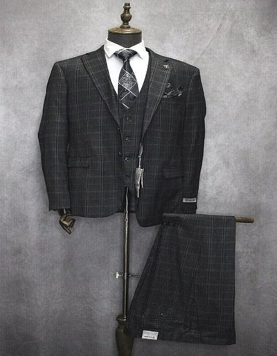 Mens Three Button Notch Lapel Plaid Pattern Suit Charcoal