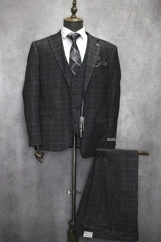 Mens Three Button Notch Lapel Plaid Pattern Suit Charcoal ~ Blue ~ White