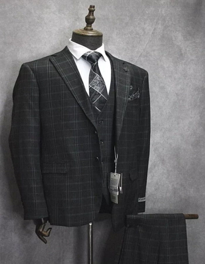 Mens Three Button Notch Lapel Plaid Pattern Suit Charcoal