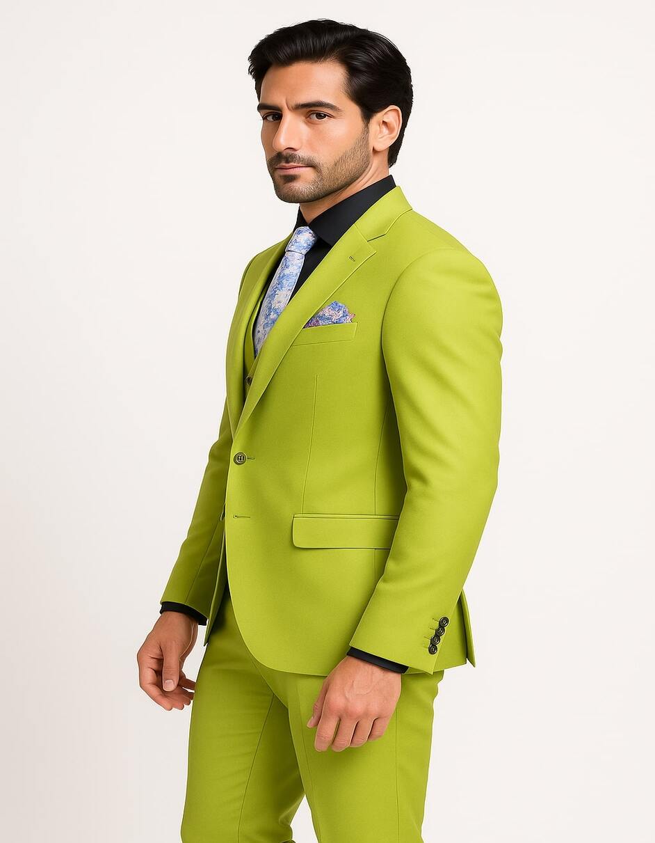 Men's Lime Green Three-Piece Suit with Floral Tie â€“ Slim Fit Tuxedo for Weddings & Parties - 34 Short or Extra Small