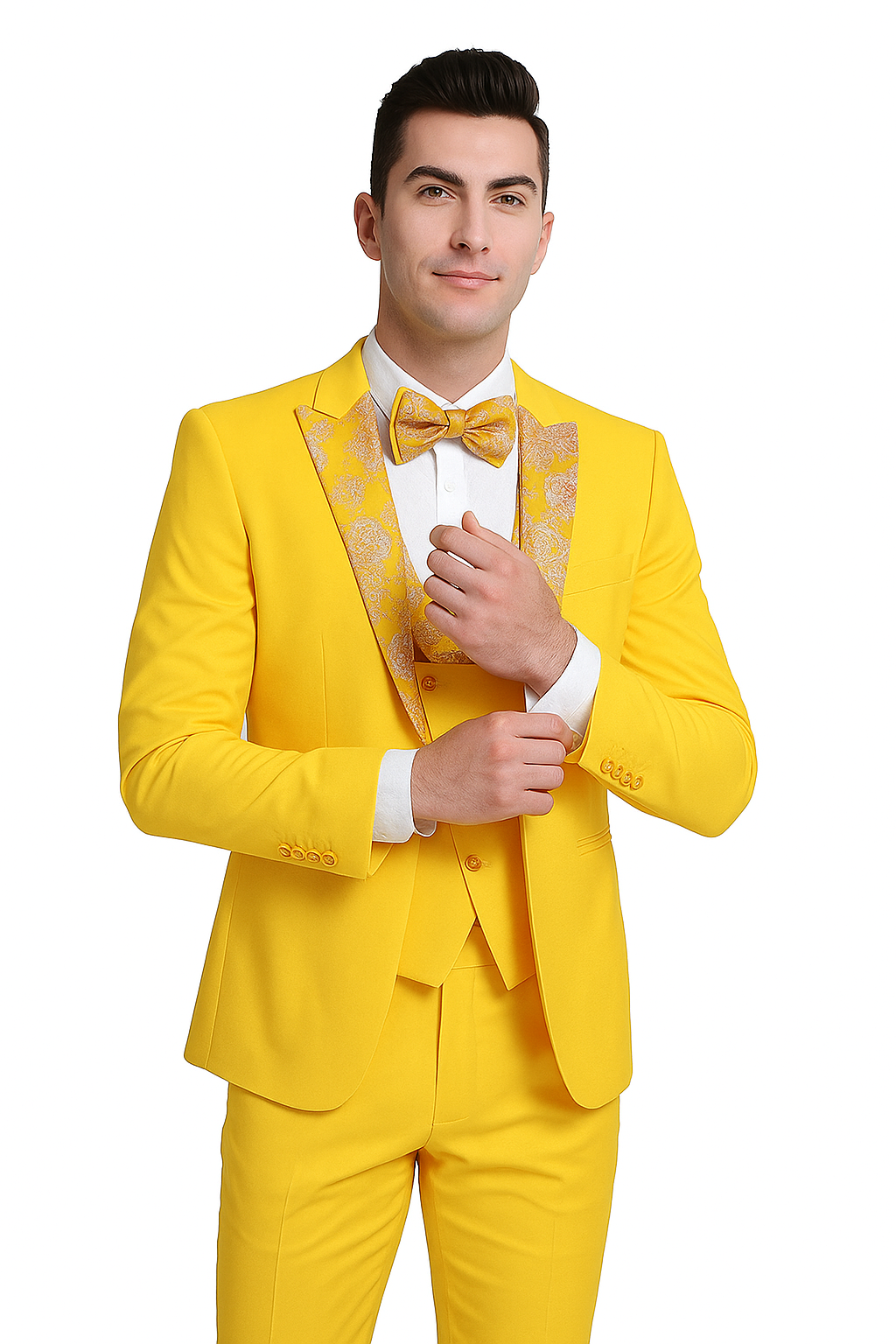 Radiant Golden Bloom Mens 3-Piece Suits with Floral Peak Lapel - 36 Short