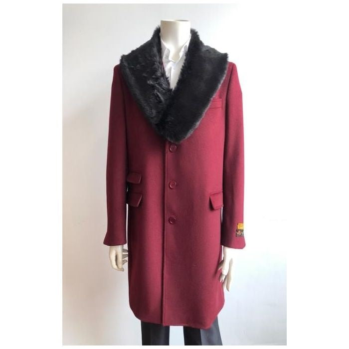 Three Quarter Ticket Pocket Peacoat With Fur Collar Burgundy