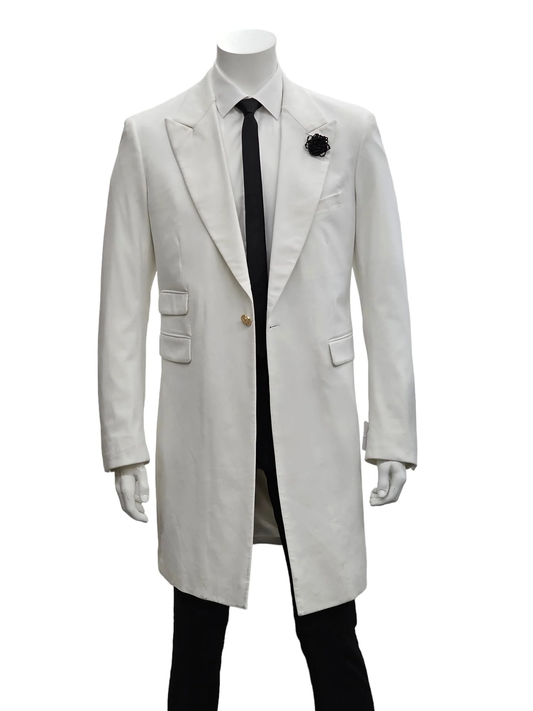 Mens White Velvet Victorian Tailcoat Tuxedo – Three Quarter Length Cutaway Stage And Wedding Jacket