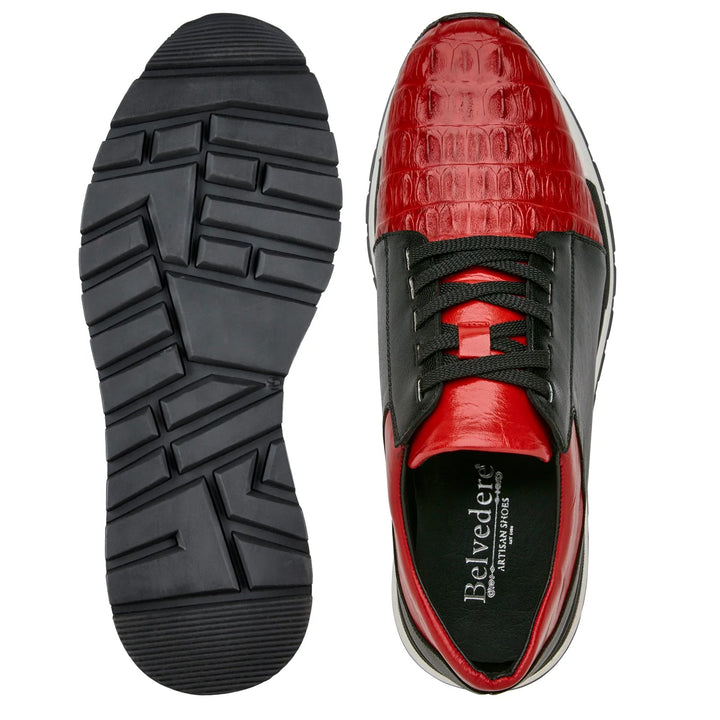 Men's Belvedere Titan Calf & Crocodile Sneaker in Black & Red - 9-M