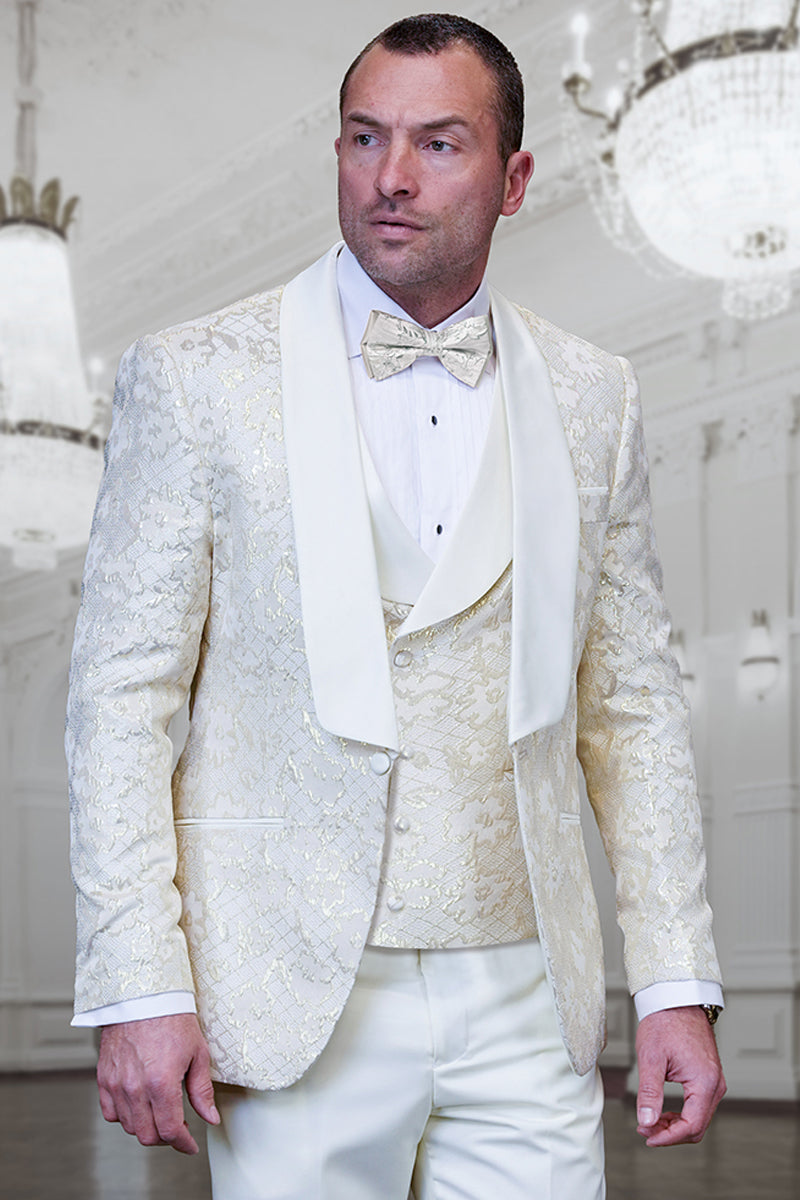 Men's Designer Vested Wedding & Prom Tuxedo in Ivory Off White & Gold Floral Paisley - 36 Short