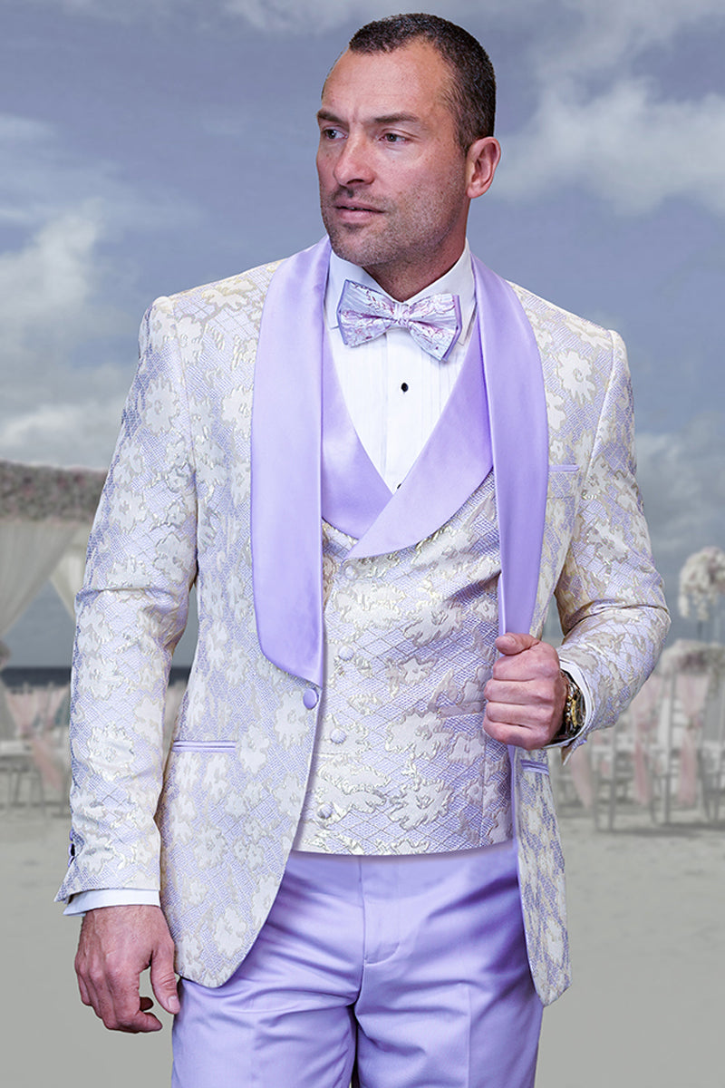 Men's Designer Vested Wedding & Prom Tuxedo in Purple & Gold Floral Paisley - 36 Short
