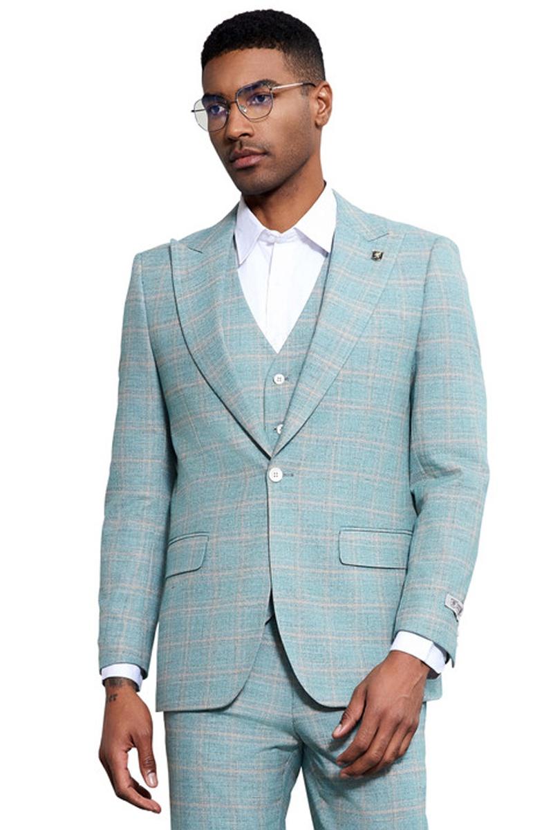 Men's Stacy Adams Vested Peak Lapel Light Turquoise Green Plaid Prom & Wedding Suit - 38 Regular