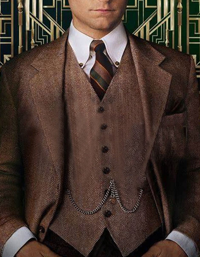 Men’s Light Brown Great Gatsby Tweed Herringbone Vested Suit, Tobey Maguire Inspired 1920s Formal Outfit
