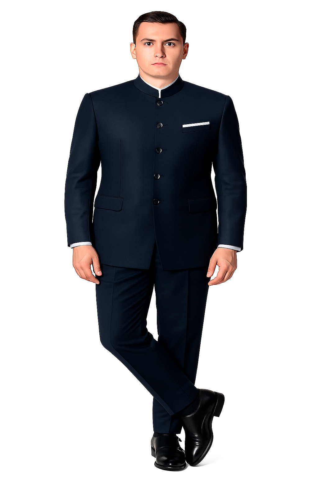 Mandarin Suit - Navy Blue Color Banded Collar Suit - Chines Collar in Color Dark Blue - Coat Size 38