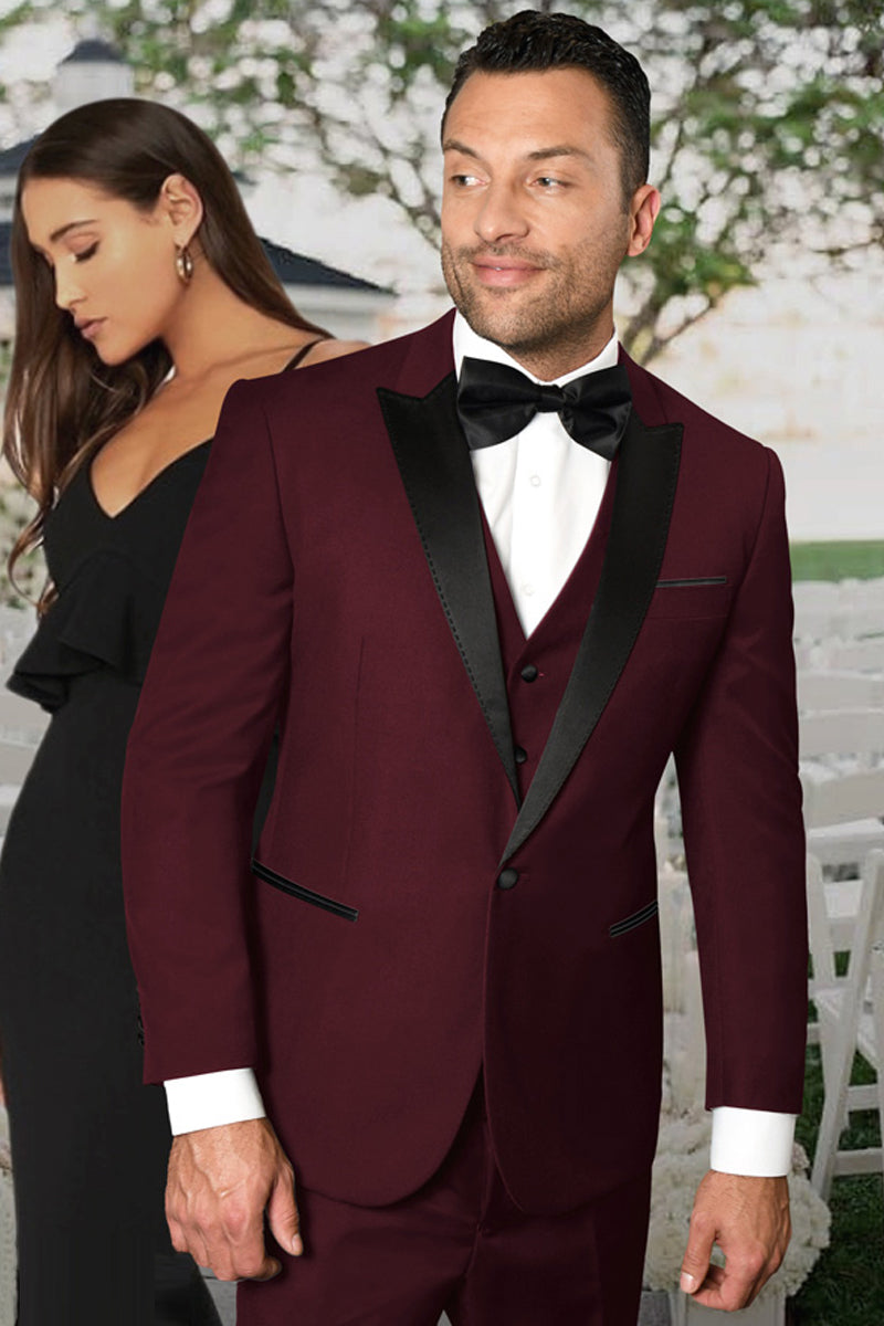 Men's Vested One Button Peak Lapel Designer Wedding Tuxedo in Burgundy - 36 Short