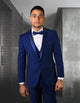 Mens Navy Blue Wedding Tuxedo - Dark Blue Tuxedo Suit"Mens 1 Button Shawl Lapel Vested Wool Wedding - Prom 2025 Tuxedo in Bright Sapphire Blue