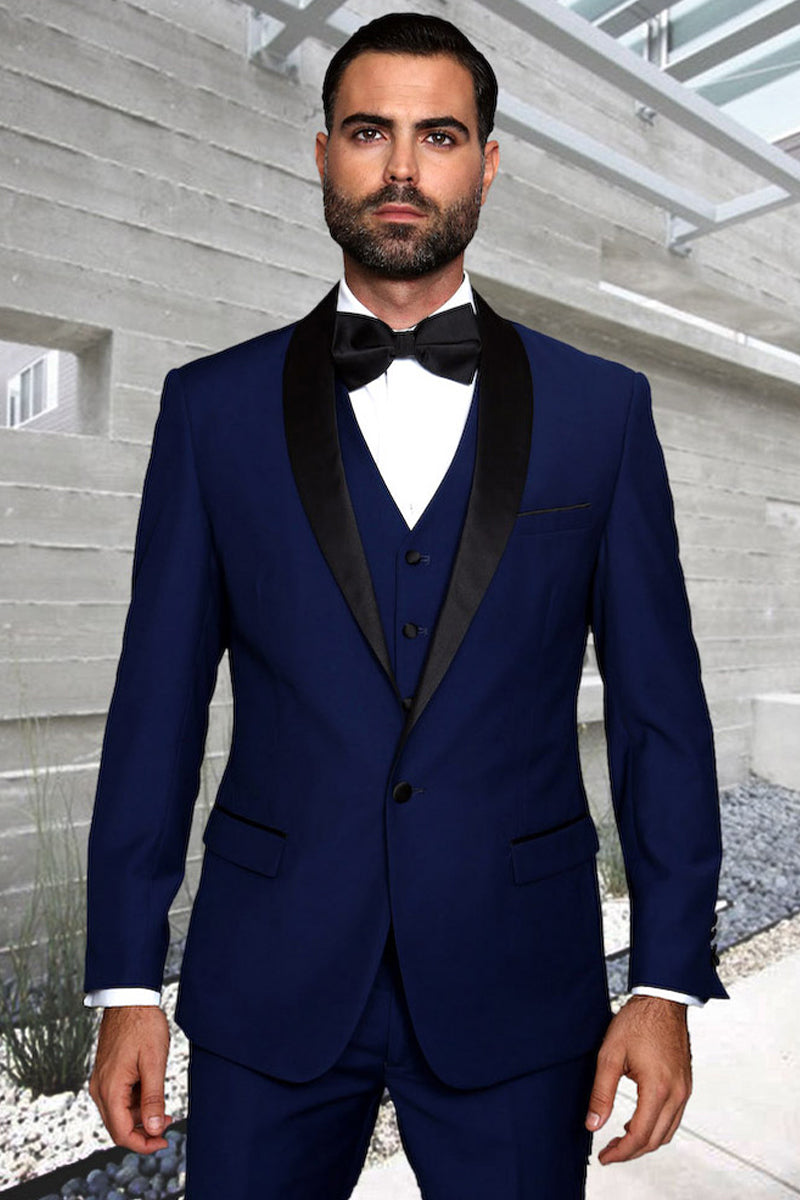 Men's Designer Wool One Button Shawl Lapel Wedding Tuxedo in Sapphire Blue and Black - 36 Short
