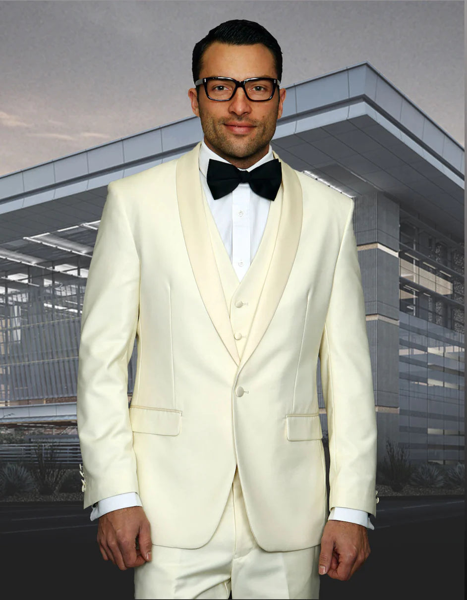 "Mens 1 Button Shawl Lapel Vested Wool Prom 2026 | Wedding Tuxedo Suit in Ivory"