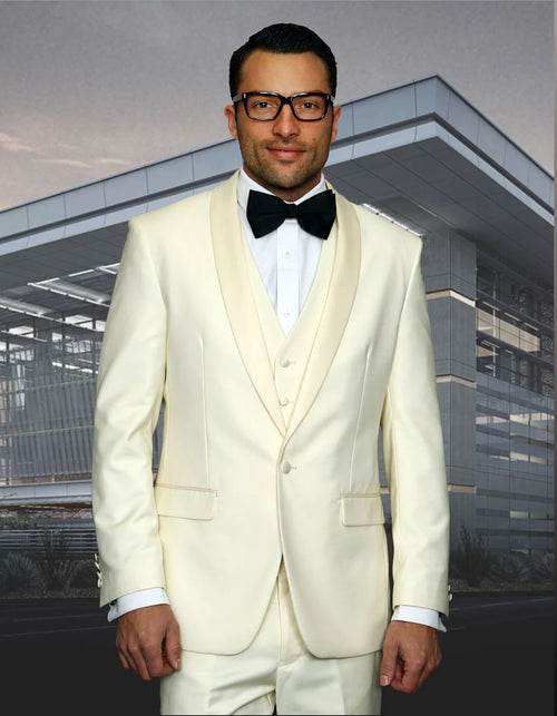 "Mens 1 Button Shawl Lapel Vested Wool Prom 2026 | Wedding Tuxedo Suit in Ivory"