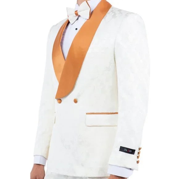 New Paisely Skinny Fit Tuxedo Double-Breasted By Tazio, Ivory & Rustic Orange - 38 Short Jacket+32 Waist Adjustable 28to34)(Height: 5 4 to5 7 )(Neck  15-16.5)S-M)