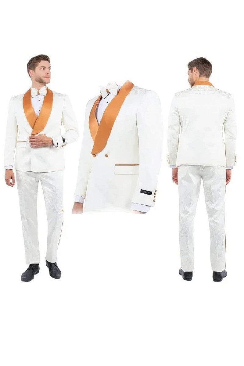 New Paisely Skinny Fit Tuxedo Double-Breasted By Tazio, Ivory & Rustic Orange - 38 Short Jacket+32 Waist Adjustable 28to34)(Height: 5 4 to5 7 )(Neck  15-16.5)S-M)