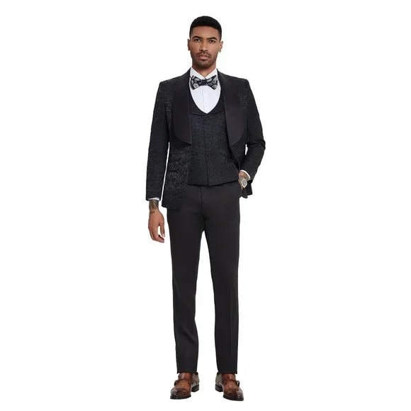 2024 Black Paisley 3pc Men's Suit Prom Tuxedo by Tazzio