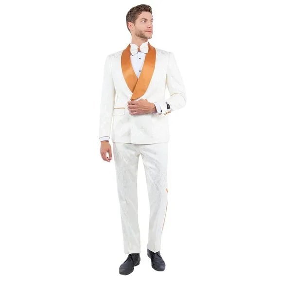 New Paisely Skinny Fit  Double-Breasted By Tazio, Ivory & Rustic Orange Tuxedo