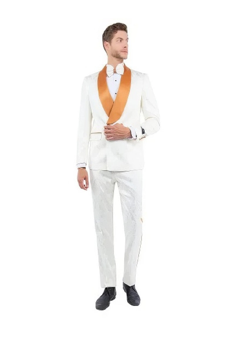 New Paisely Skinny Fit Tuxedo Double-Breasted By Tazio, Ivory & Rustic Orange - 38 Short Jacket+32 Waist Adjustable 28to34)(Height: 5 4 to5 7 )(Neck  15-16.5)S-M)