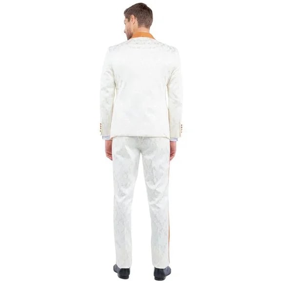 New Paisely Skinny Fit Tuxedo Double-Breasted By Tazio, Ivory & Rustic Orange - 38 Short Jacket+32 Waist Adjustable 28to34)(Height: 5 4 to5 7 )(Neck  15-16.5)S-M)