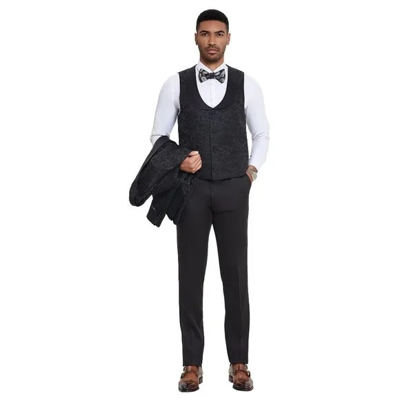 2026 Black Paisley 3pc Men's Suit Tuxedo by Tazzio