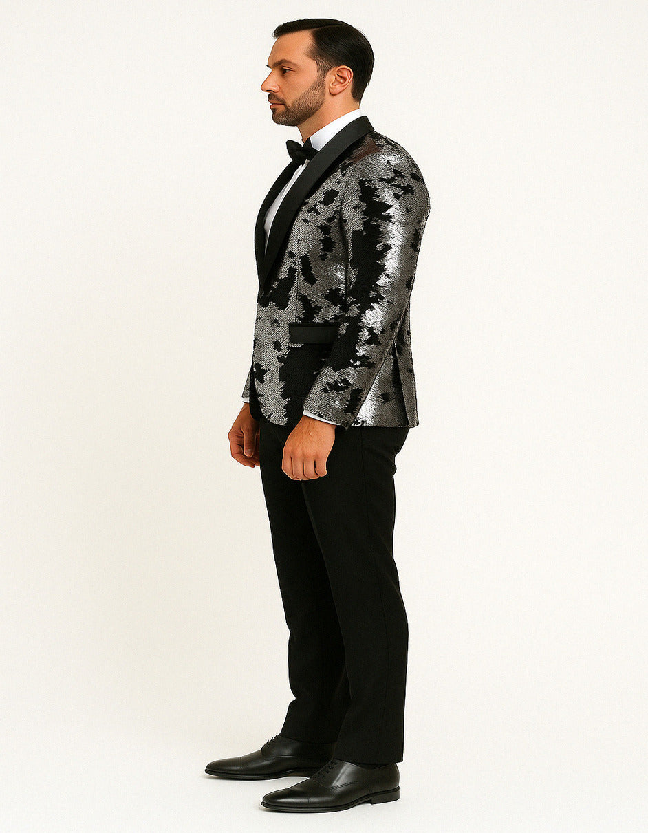 Men's Black and Silver Gray Sequin Tuxedo Blazer With Black Pants - 34 Short or Extra Small