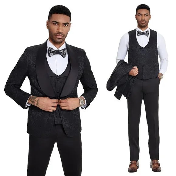 2024 Black Paisley 3pc Men's Suit Prom Tuxedo by Tazzio