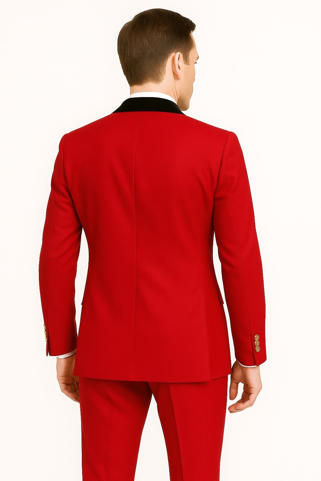 Men's Red Double-Breasted Wedding Tuxedo with Black Velvet Lapel and Gold Buttons - Christmas New Year Suit - 34 Short or Extra Small