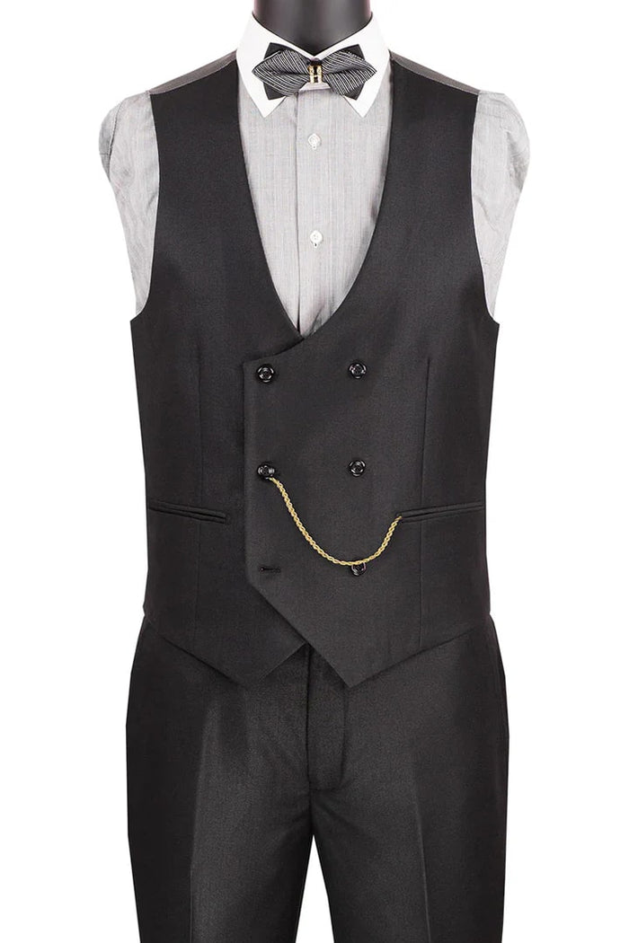 Cheap Priced Suit - Men's Modern Fit Tuxedo Black Suit With Double Breasted Vest And Satin Trim