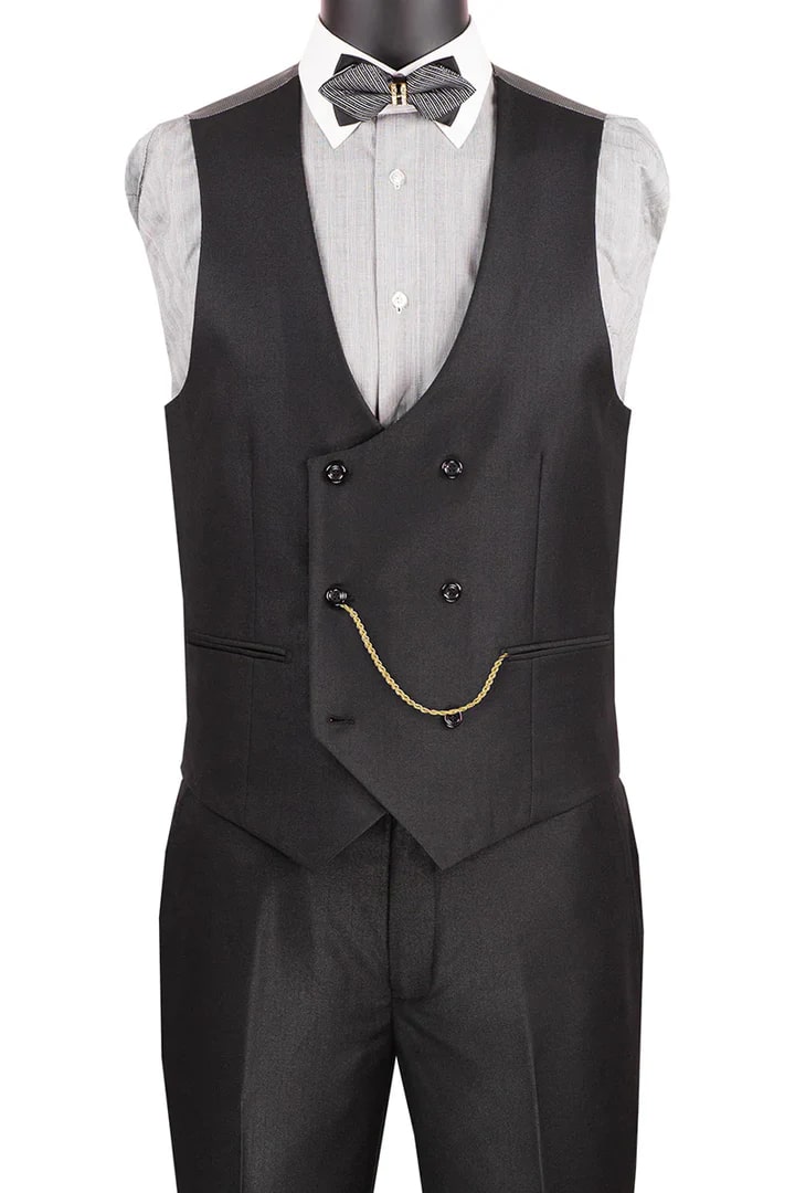 Cheap Suit - Men's Modern Fit Tuxedo Black Suit With Double Breasted Vest And Satin Trim