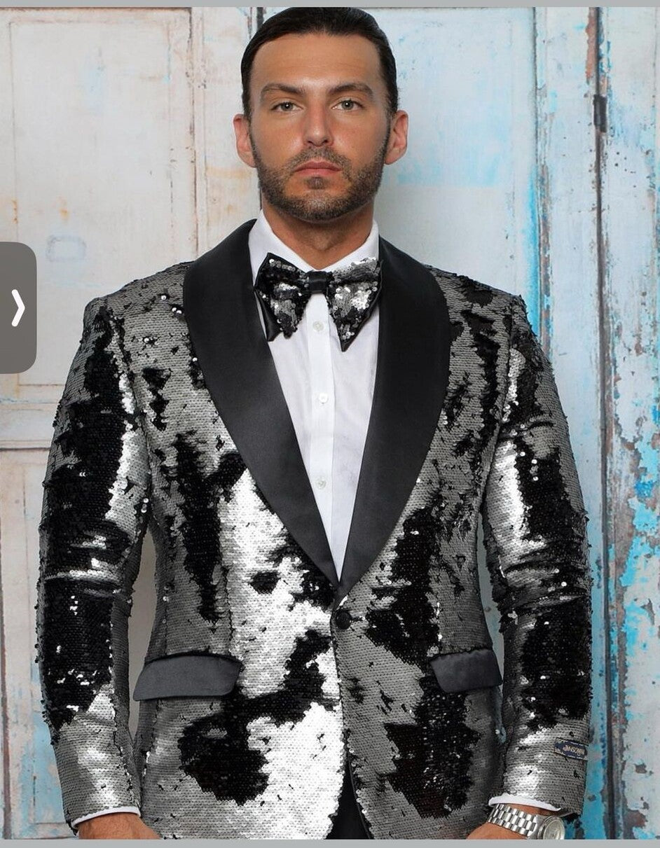 Men's Black and Silver Gray Sequin Tuxedo Blazer With Black Pants - 34 Short or Extra Small