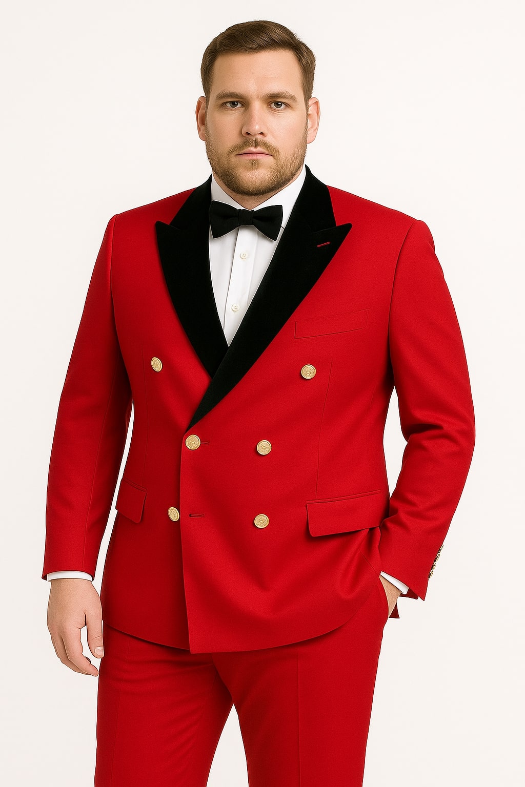 Men's Red Double-Breasted Wedding Tuxedo with Black Velvet Lapel and Gold Buttons - Christmas New Year Suit - 34 Short or Extra Small