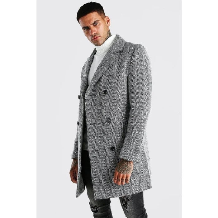 Men's Tweed Overcoat - Herringbone Overcoat - Black And White Topcoat - Coat Size 38