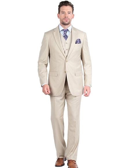 Giorgio Fiorelli Men' 2 Button 3 Piece Double Vents Beige Suit - 38 Short Jacket+32 Waist Adjust 28to34)(Height: 5 4 to5 7 )(Neck  15-16.5)S-M)