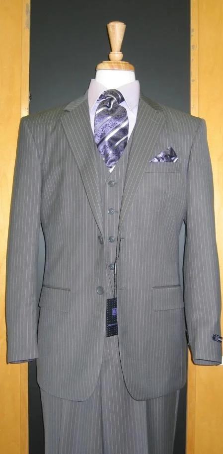 Light Grey Pinstripe Suit - Side Vented Flat Front Pants Modern Fit Three Piece Suit