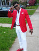 Mens New Years Outfit-Christmas Red Prom 2025 Outfit Best Inexpensive ~ Cheap ~ Discounted Blazer Suit Jacket For Affordable Big Sizes Affordable Sport Coats Sale Include White Shirt & White Pants
