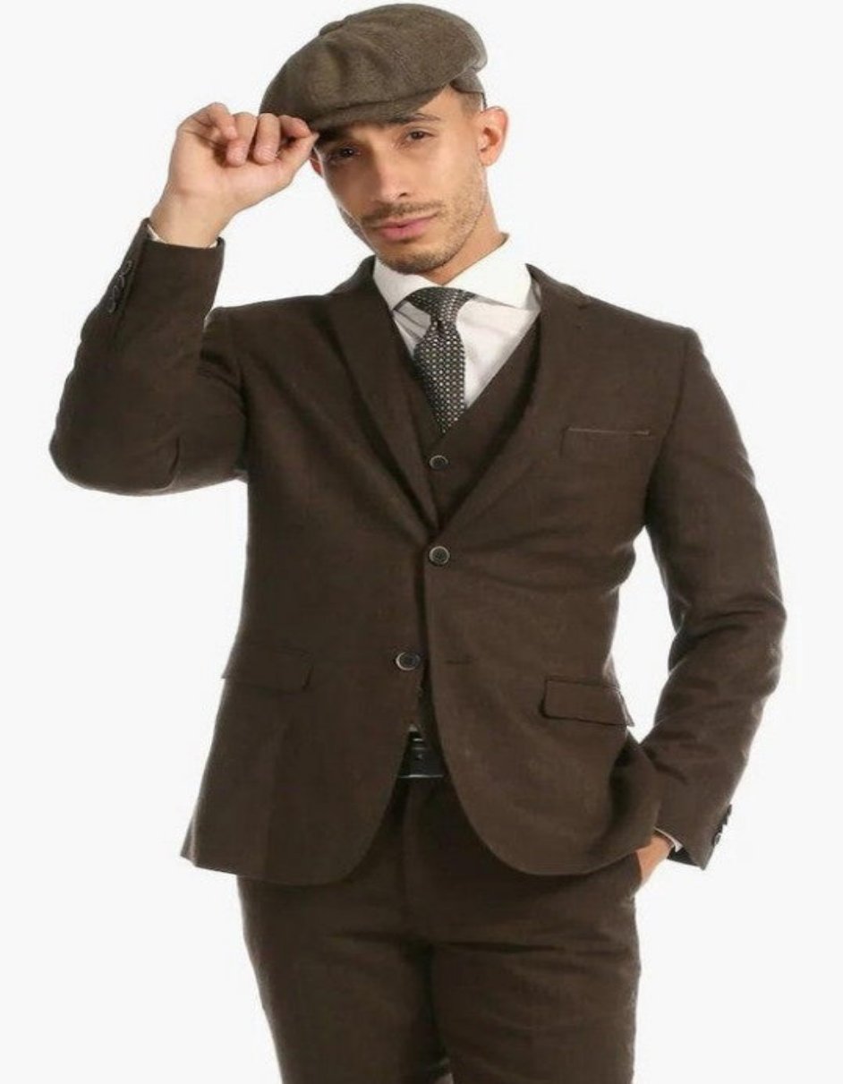 Mens Single Breasted Two Button Slim Fit Suit Cognac