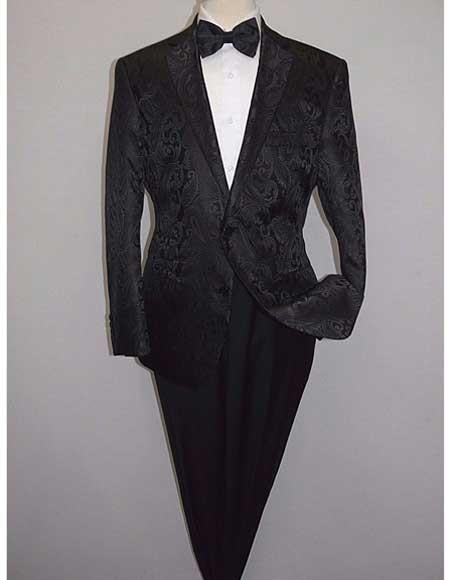 Men's Shiny 2 Buttons Notch Collar Floral Paisley Formal Black Blazer - S or Small