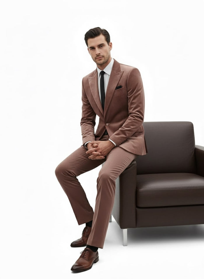 Mens Mauve Velvet Suit â€“ 2 Piece Ultra Slim Fit Blazer and Pants Formal Set in Light Brown Tuxedo