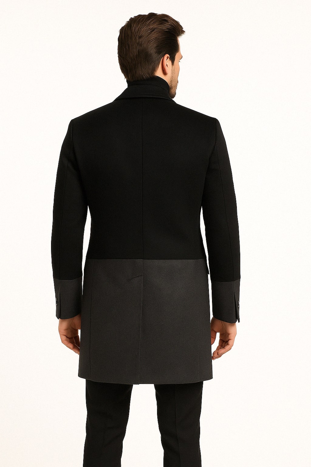 Mens Two-Tone Double-Breasted Overcoat in Black and Charcoal Gray Wool Fabric Topcoat - Coat Size 38