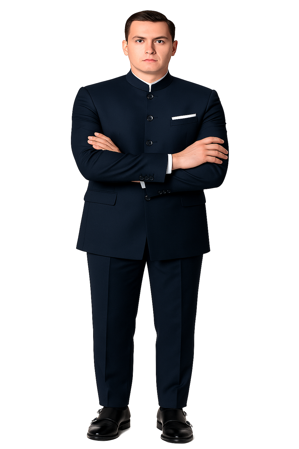 Mandarin Suit - Navy Blue Color Banded Collar Suit - Chines Collar in Color Dark Blue - Coat Size 38