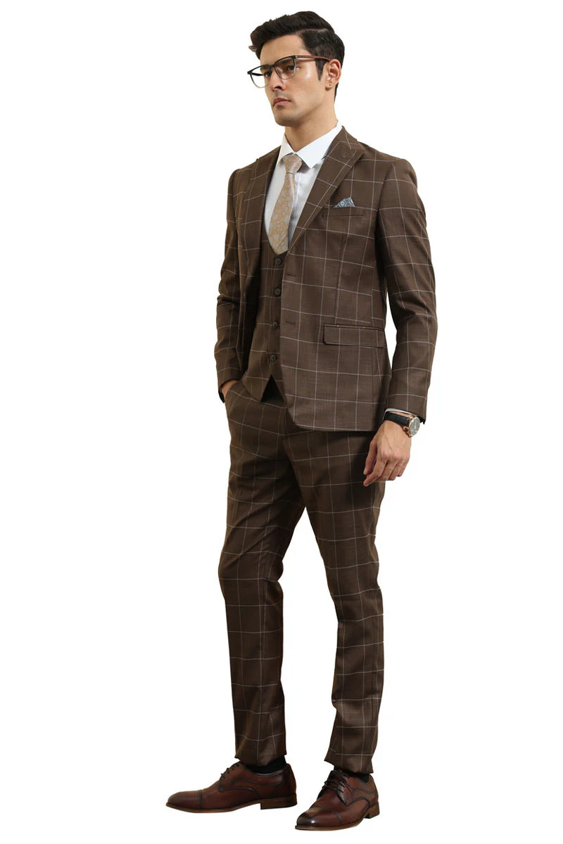 Mens Slim Fit Two Button Peak Lapel Vested Suit in Brown Windowpane Plaid - 34 Short or Extra Small