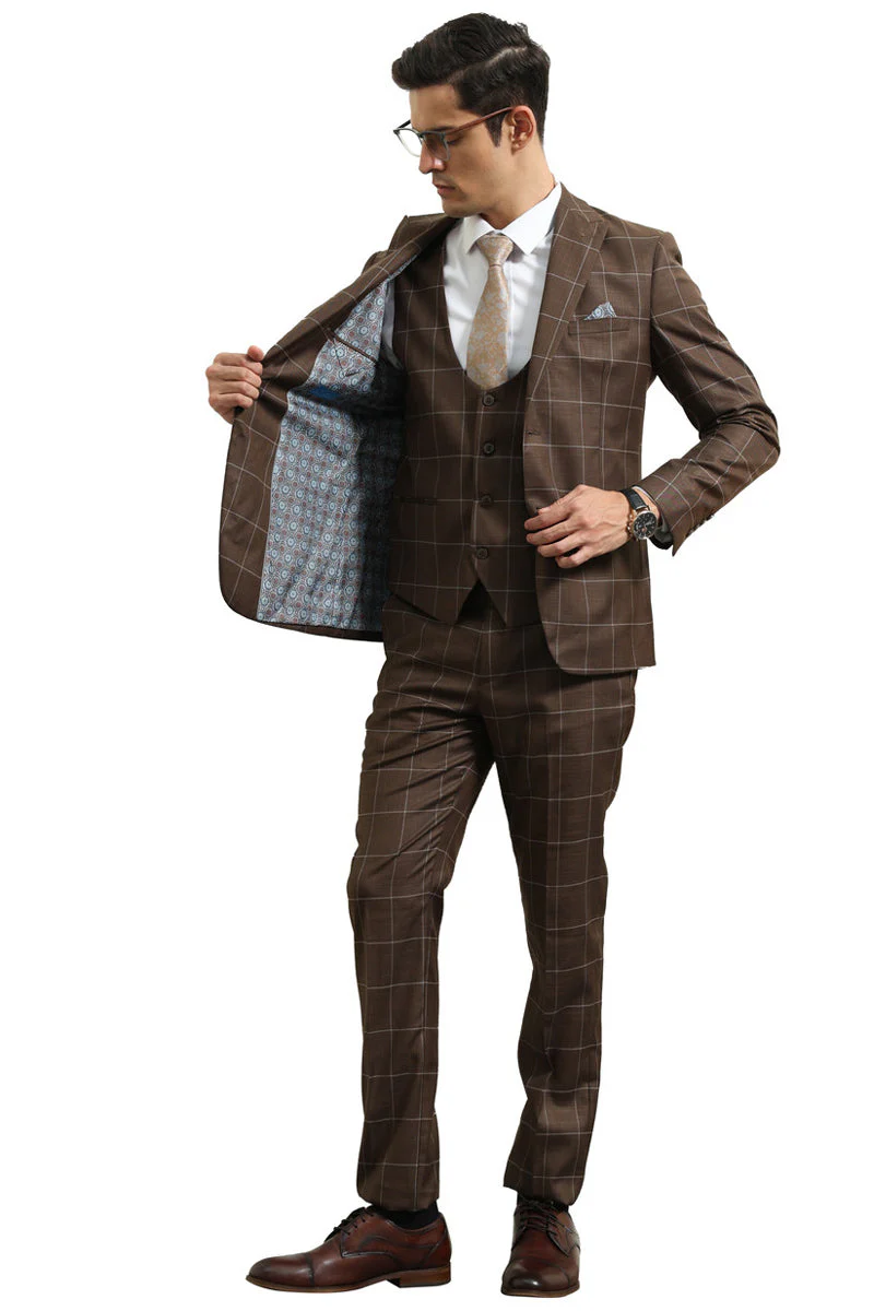 Mens Slim Fit Two Button Peak Lapel Vested Suit in Brown Windowpane Plaid - 34 Short or Extra Small