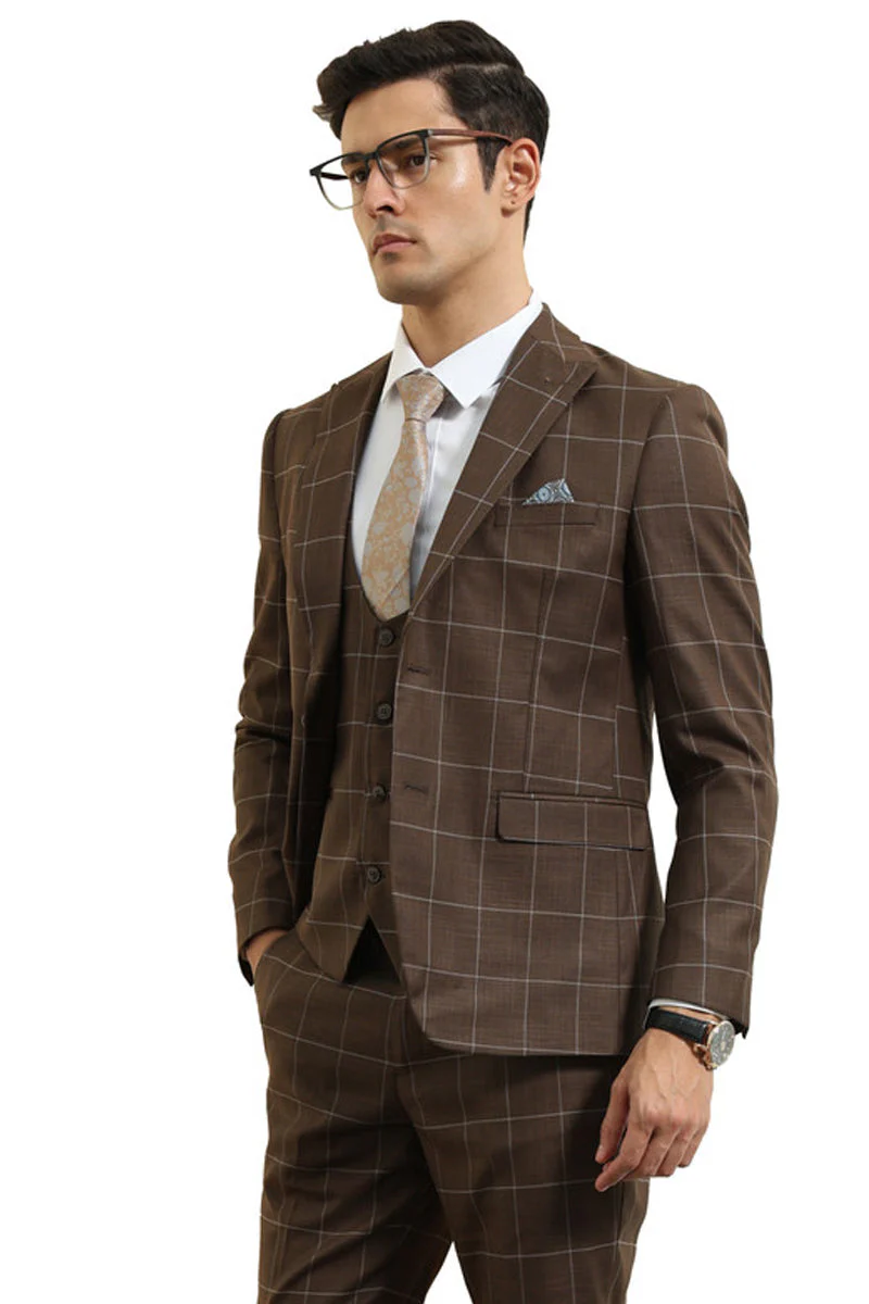 Mens Slim Fit Two Button Peak Lapel Vested Suit in Brown Windowpane Plaid - 34 Short or Extra Small